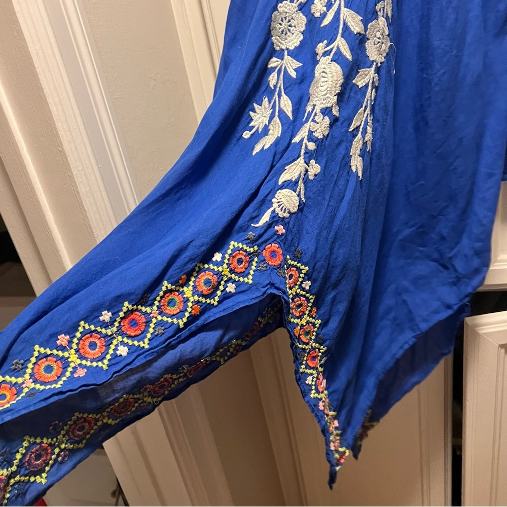 Johnny Was 3J Workshop Blue Embroidered Handkerchief Hem Boho Dress Medium - Picture 3 of 10